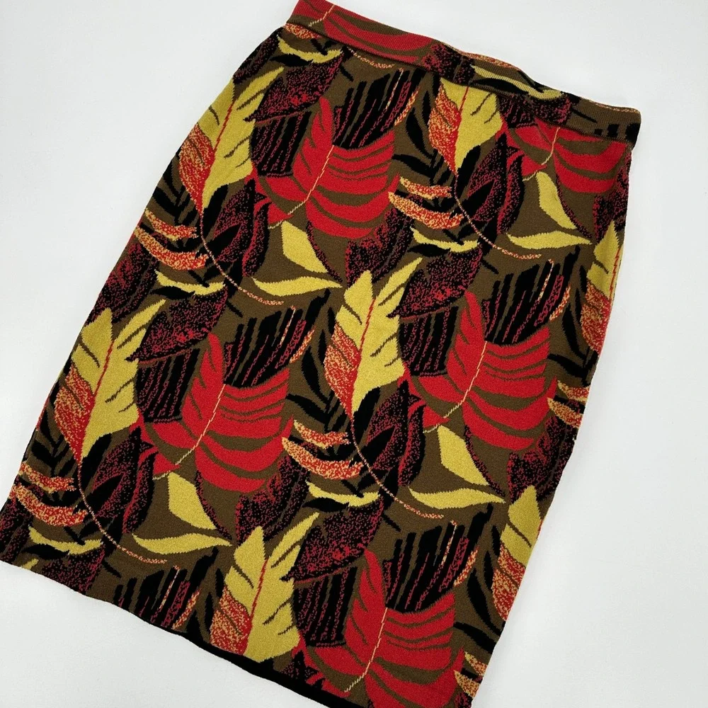 Peruvian Connection Knit Leaf Print Jacquard Knit Tapestry Pencil Skirt‎ Small